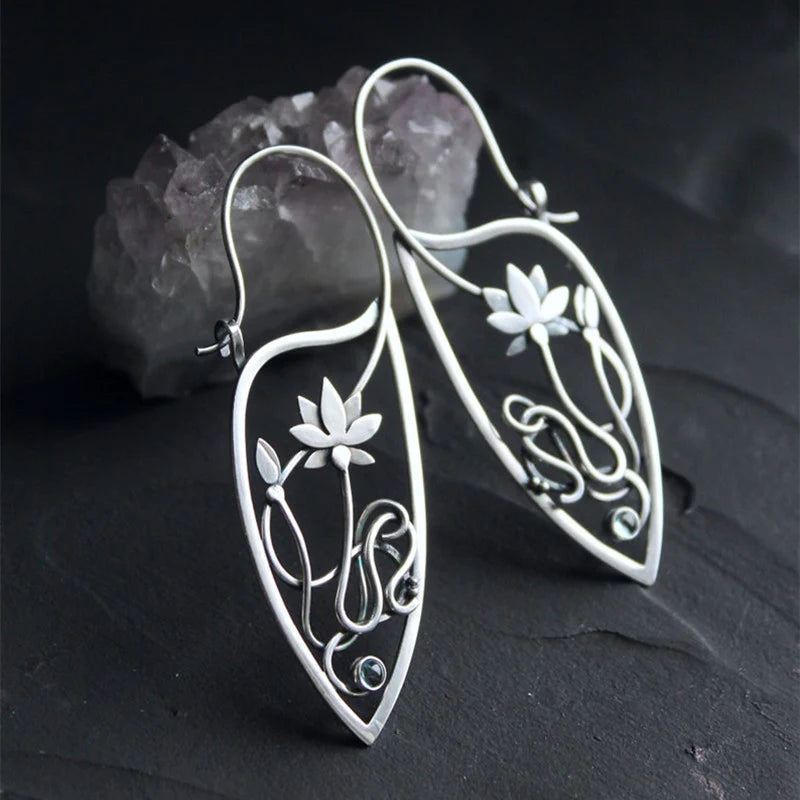 Silver lotus flower earrings